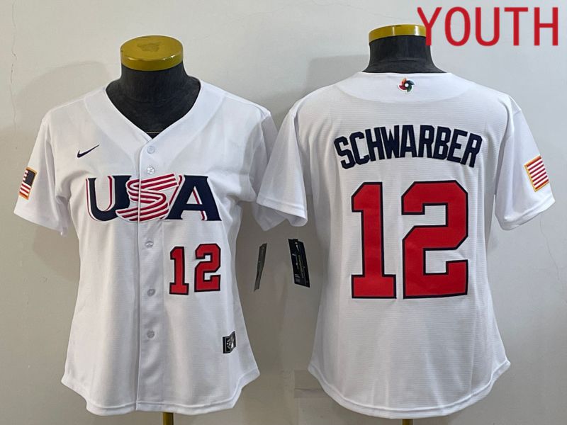 Youth 2023 World Cub USA 12 Schwarber White MLB Jersey5